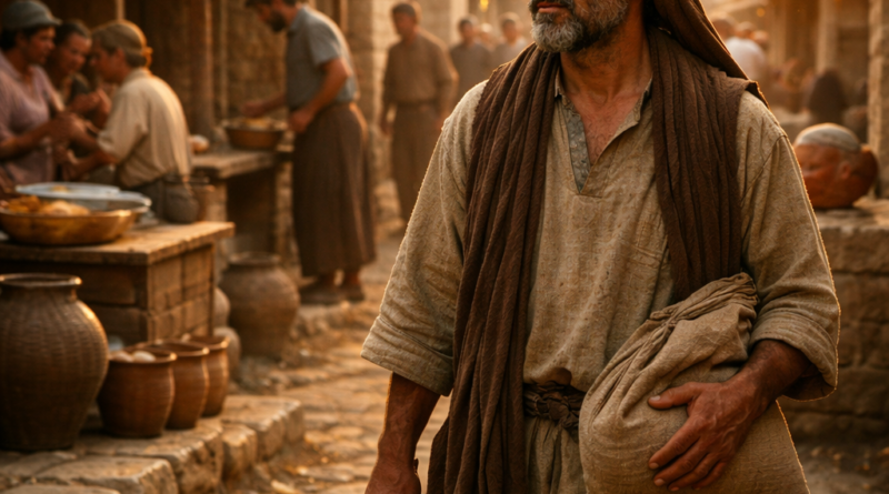 Biblical-era man walking thoughtfully among daily life, reflecting the message of Ecclesiastes 9