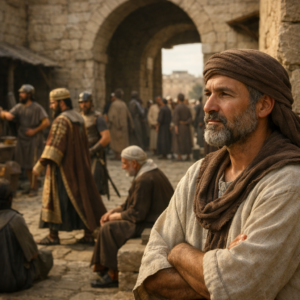 Wise man observing authority and injustice in a biblical city, reflecting the message of Ecclesiastes 8