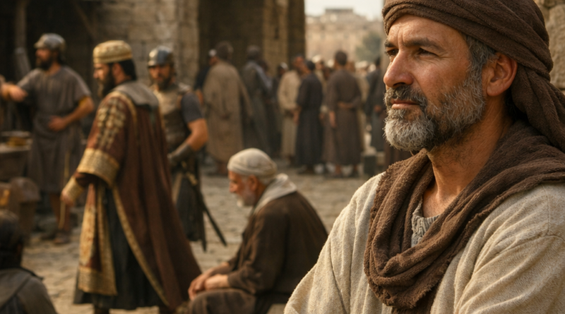 Wise man observing authority and injustice in a biblical city, reflecting the message of Ecclesiastes 8