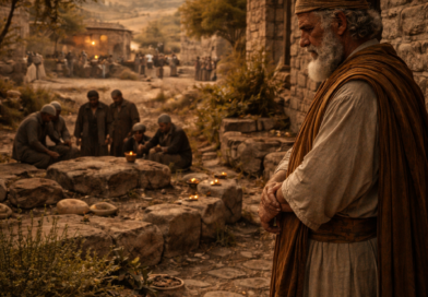 A reflective biblical-era man near a scene of mourning, expressing the wisdom and humility taught in Ecclesiastes 7