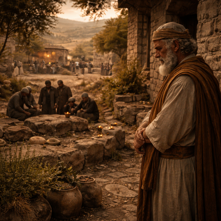 A reflective biblical-era man near a scene of mourning, expressing the wisdom and humility taught in Ecclesiastes 7
