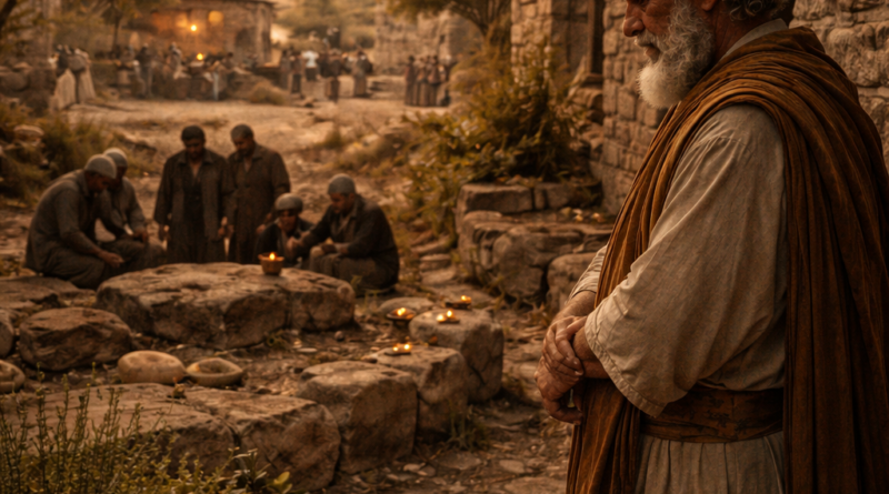 A reflective biblical-era man near a scene of mourning, expressing the wisdom and humility taught in Ecclesiastes 7