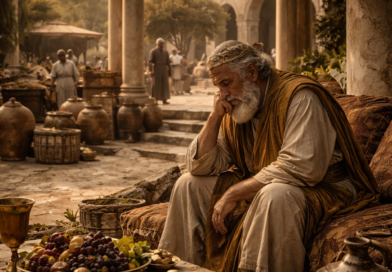 A wealthy biblical-era man surrounded by abundance yet visibly unsatisfied, reflecting the message of Ecclesiastes 6