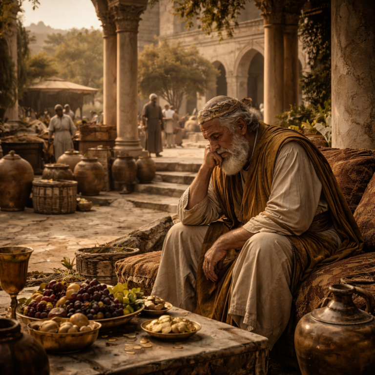 A wealthy biblical-era man surrounded by abundance yet visibly unsatisfied, reflecting the message of Ecclesiastes 6
