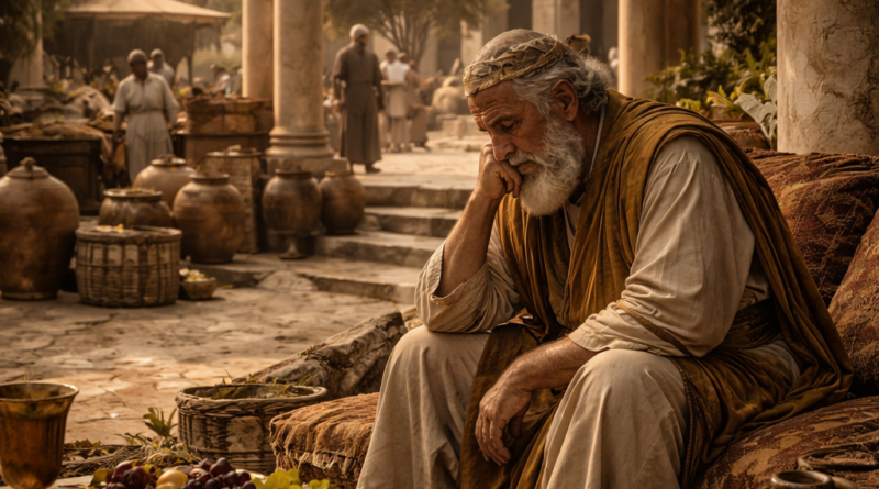 A wealthy biblical-era man surrounded by abundance yet visibly unsatisfied, reflecting the message of Ecclesiastes 6