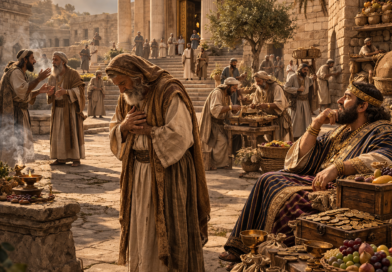 A reverent man near a biblical temple and signs of wealth, reflecting the warning and worship themes of Ecclesiastes 5