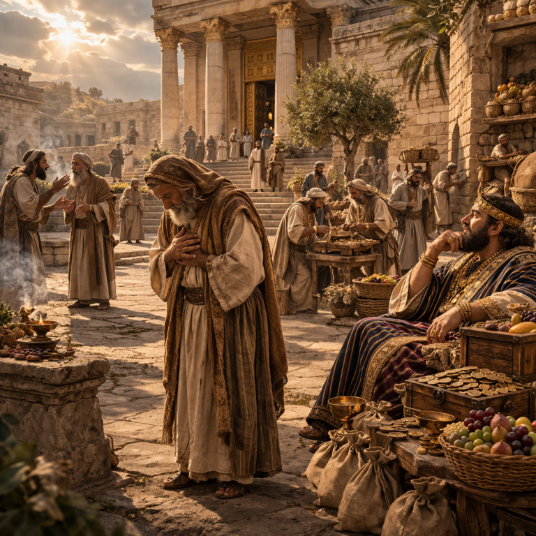 A reverent man near a biblical temple and signs of wealth, reflecting the warning and worship themes of Ecclesiastes 5