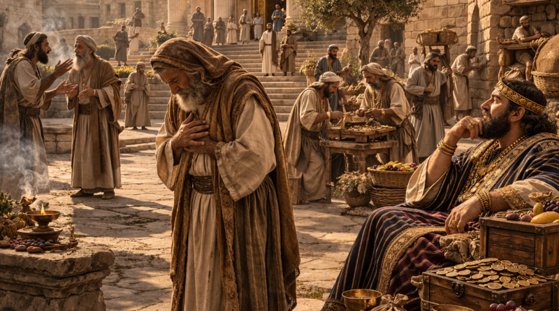 A reverent man near a biblical temple and signs of wealth, reflecting the warning and worship themes of Ecclesiastes 5