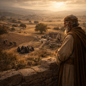 A biblical-era man overlooking scenes of planting, mourning, and rejoicing, reflecting the seasons of life in Ecclesiastes 3