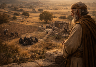 A biblical-era man overlooking scenes of planting, mourning, and rejoicing, reflecting the seasons of life in Ecclesiastes 3