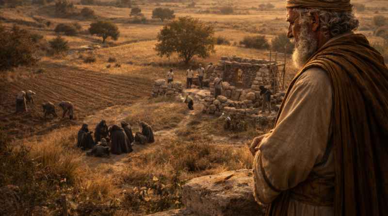 A biblical-era man overlooking scenes of planting, mourning, and rejoicing, reflecting the seasons of life in Ecclesiastes 3