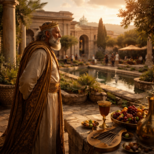 A wealthy biblical-era ruler standing among signs of luxury and labor, reflecting the message of Ecclesiastes 2