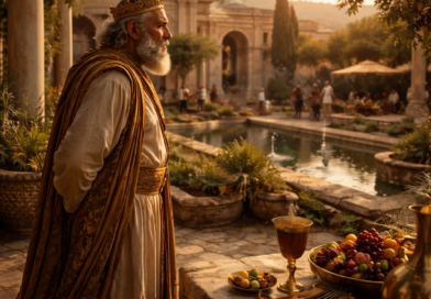 A wealthy biblical-era ruler standing among signs of luxury and labor, reflecting the message of Ecclesiastes 2