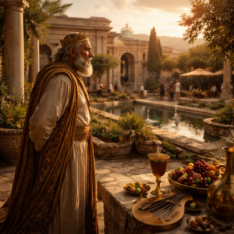 A wealthy biblical-era ruler standing among signs of luxury and labor, reflecting the message of Ecclesiastes 2