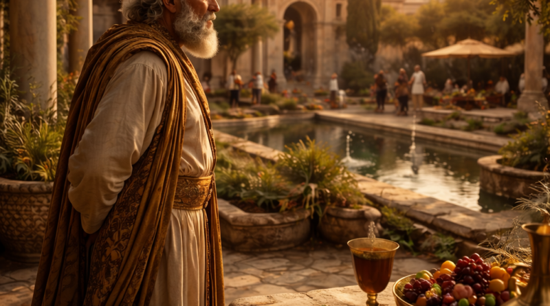 A wealthy biblical-era ruler standing among signs of luxury and labor, reflecting the message of Ecclesiastes 2