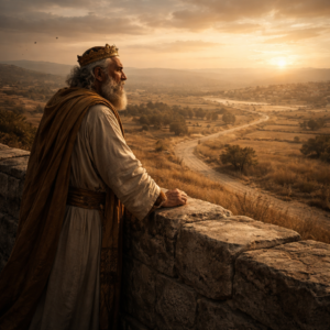 A reflective biblical-era man overlooking the land at sunset, expressing the emptiness and repetition described in Ecclesiastes 1