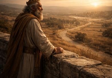 A reflective biblical-era man overlooking the land at sunset, expressing the emptiness and repetition described in Ecclesiastes 1