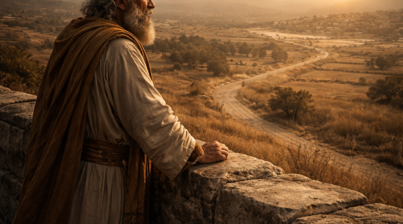 A reflective biblical-era man overlooking the land at sunset, expressing the emptiness and repetition described in Ecclesiastes 1