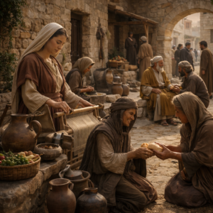 Ancient biblical scene showing faithful work, godly wisdom, and compassionate care inspired by Proverbs 31