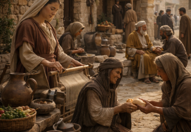 Ancient biblical scene showing faithful work, godly wisdom, and compassionate care inspired by Proverbs 31