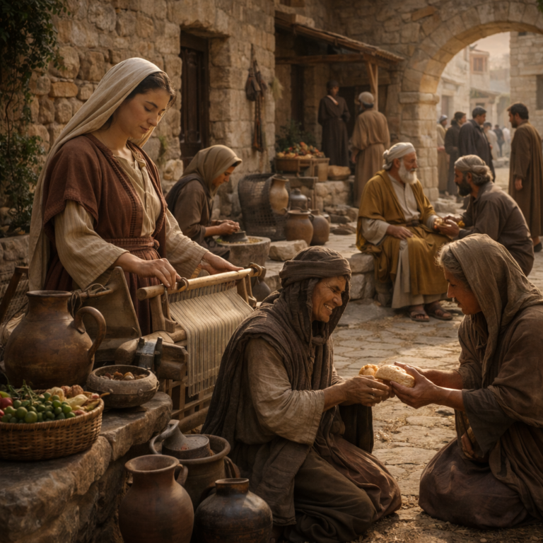Ancient biblical scene showing faithful work, godly wisdom, and compassionate care inspired by Proverbs 31