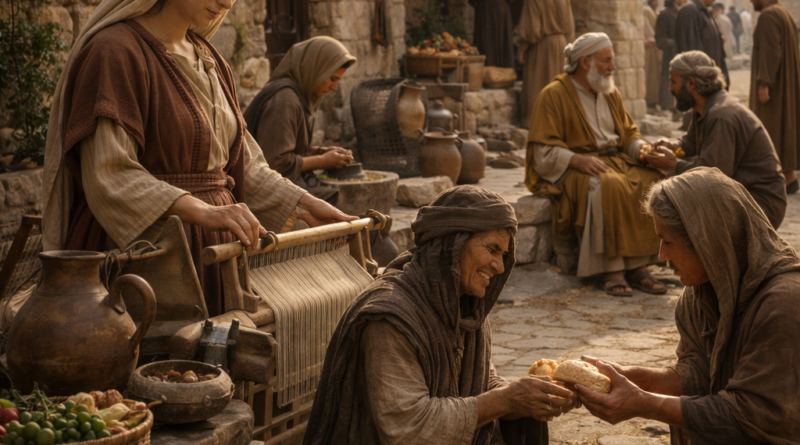 Ancient biblical scene showing faithful work, godly wisdom, and compassionate care inspired by Proverbs 31