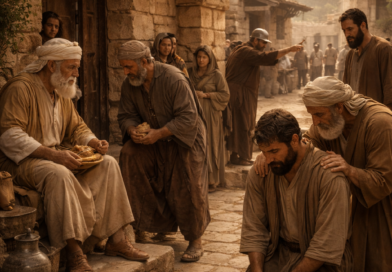 Ancient biblical town gate scene showing justice, humility, correction, and trust in God inspired by Proverbs 29