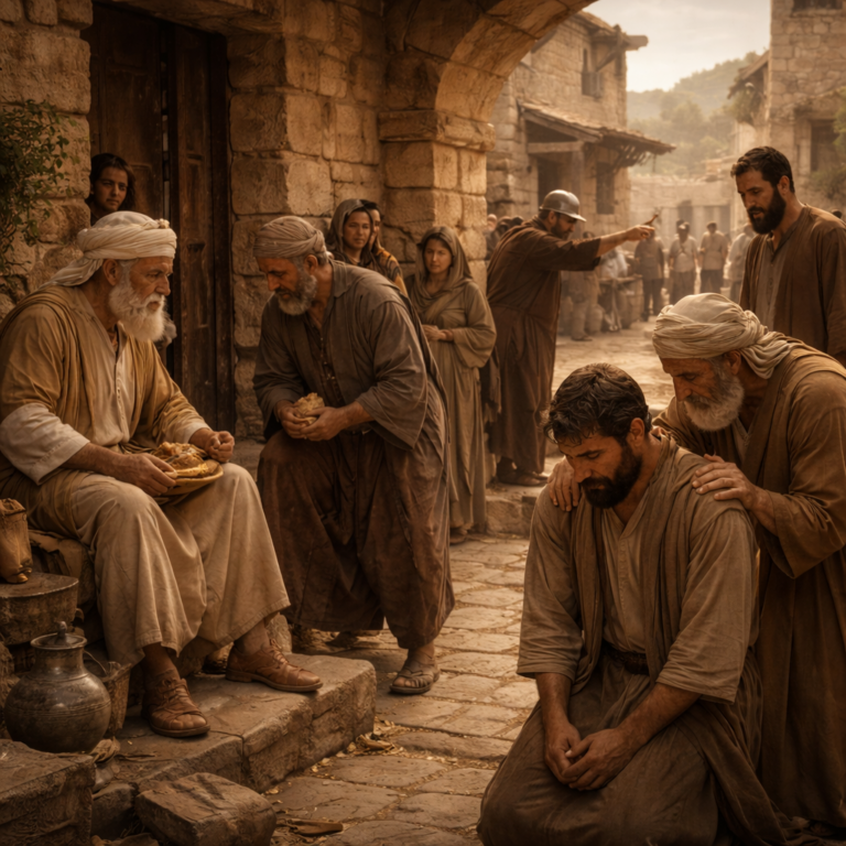 Ancient biblical town gate scene showing justice, humility, correction, and trust in God inspired by Proverbs 29