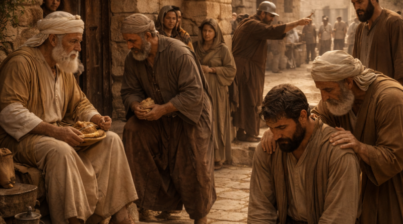 Ancient biblical town gate scene showing justice, humility, correction, and trust in God inspired by Proverbs 29