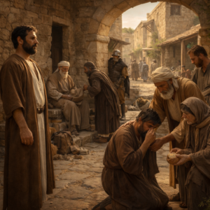 Ancient biblical town scene showing righteousness, repentance, justice, and mercy inspired by Proverbs 28