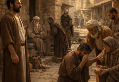 Ancient biblical town scene showing righteousness, repentance, justice, and mercy inspired by Proverbs 28