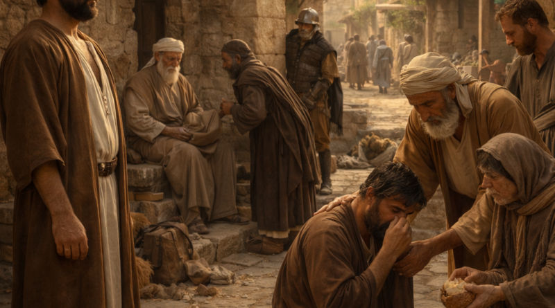 Ancient biblical town scene showing righteousness, repentance, justice, and mercy inspired by Proverbs 28