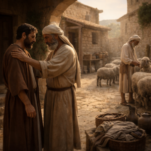 Ancient biblical scene of faithful friendship, honest counsel, and diligent stewardship inspired by Proverbs 27