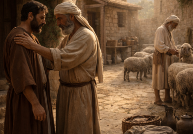 Ancient biblical scene of faithful friendship, honest counsel, and diligent stewardship inspired by Proverbs 27