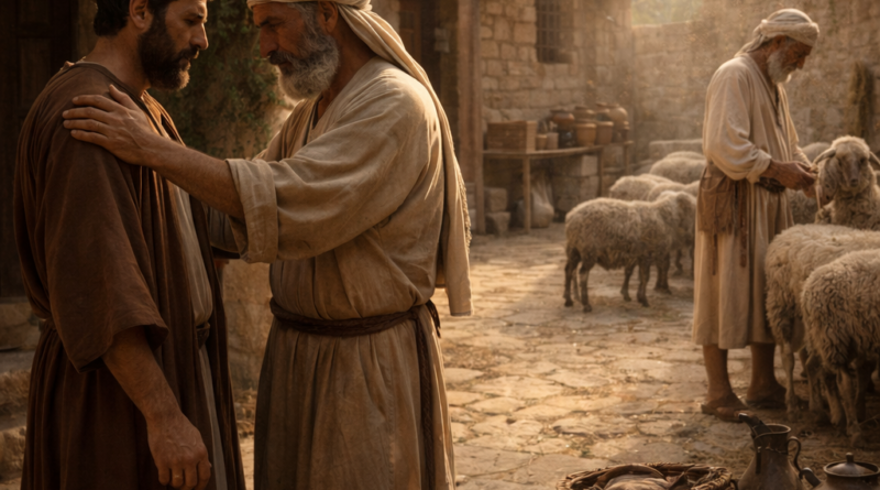 Ancient biblical scene of faithful friendship, honest counsel, and diligent stewardship inspired by Proverbs 27