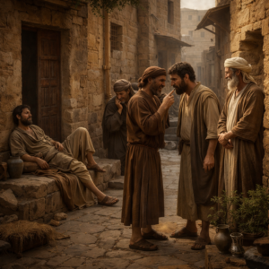 Ancient biblical courtyard scene showing folly, gossip, laziness, and deceit in the setting of Proverbs 26