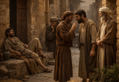 Ancient biblical courtyard scene showing folly, gossip, laziness, and deceit in the setting of Proverbs 26