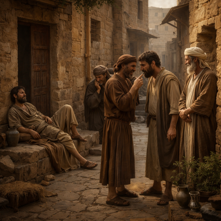 Ancient biblical courtyard scene showing folly, gossip, laziness, and deceit in the setting of Proverbs 26