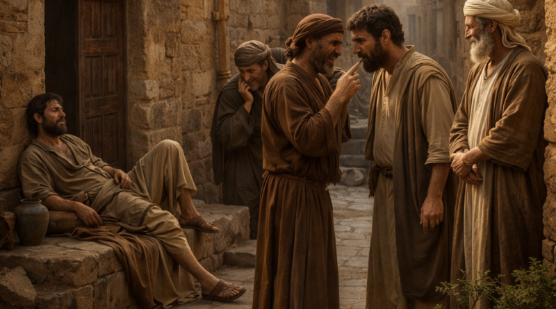 Ancient biblical courtyard scene showing folly, gossip, laziness, and deceit in the setting of Proverbs 26
