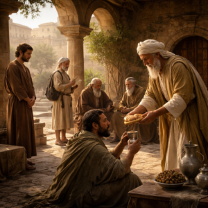 Ancient biblical courtyard scene showing humility, wise counsel, mercy, and self-control inspired by Proverbs 25