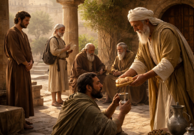 Ancient biblical courtyard scene showing humility, wise counsel, mercy, and self-control inspired by Proverbs 25