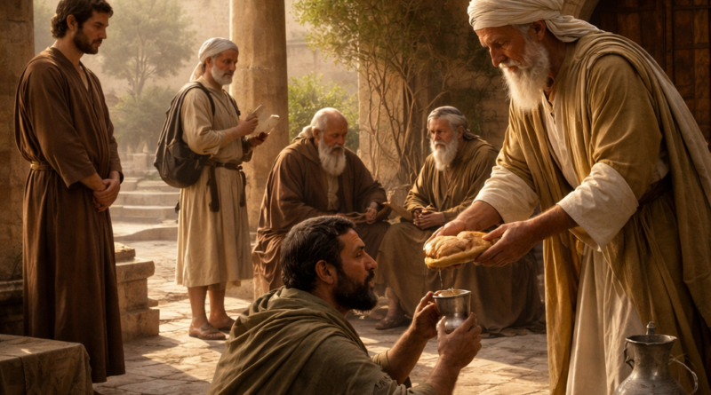 Ancient biblical courtyard scene showing humility, wise counsel, mercy, and self-control inspired by Proverbs 25