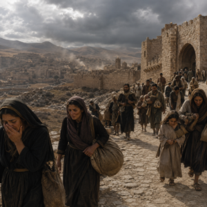 Moabite refugees mourning outside a devastated ancient city in the context of Isaiah 15 judgment.