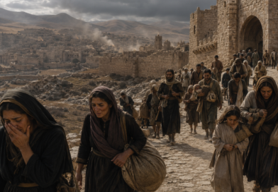 Moabite refugees mourning outside a devastated ancient city in the context of Isaiah 15 judgment.