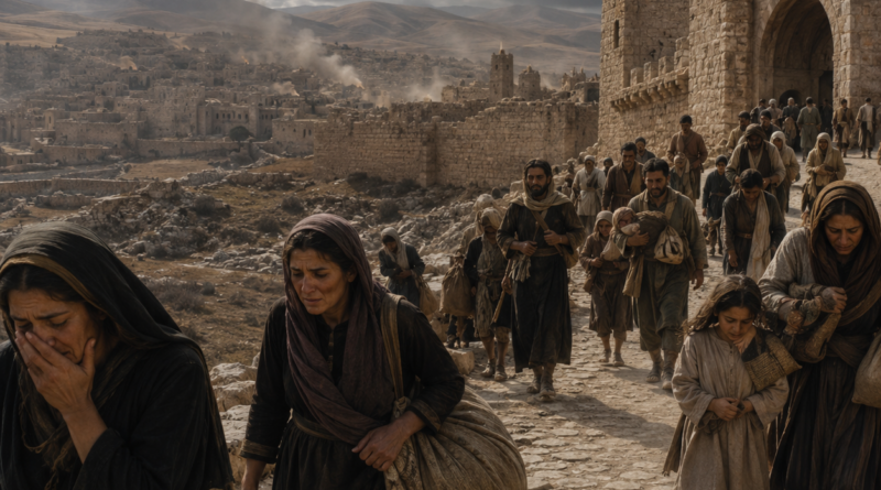Moabite refugees mourning outside a devastated ancient city in the context of Isaiah 15 judgment.