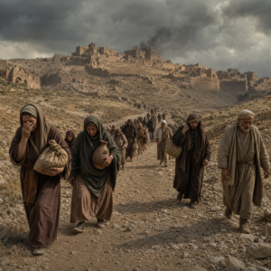 Moabite families fleeing through dry hills as their city falls into mourning, reflecting the judgment and lament of Isaiah 15.