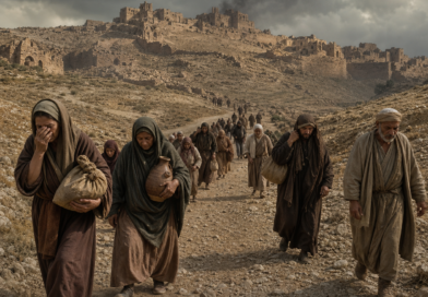 Moabite families fleeing through dry hills as their city falls into mourning, reflecting the judgment and lament of Isaiah 15.