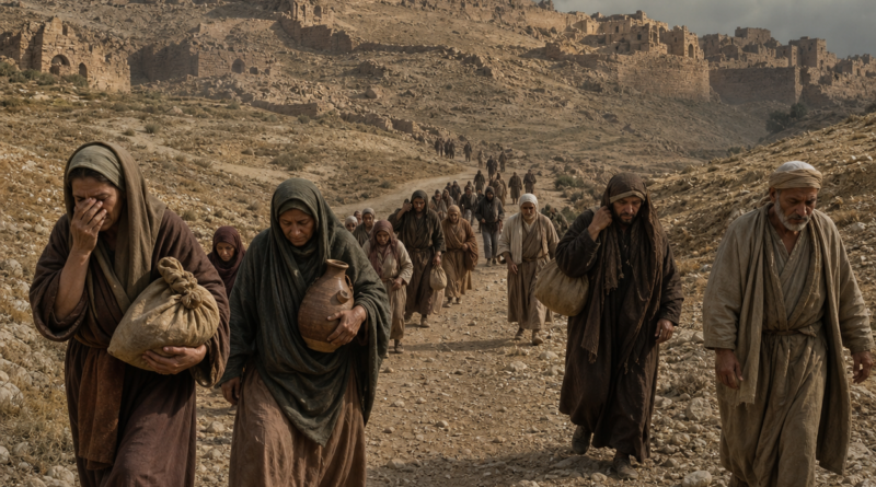 Moabite families fleeing through dry hills as their city falls into mourning, reflecting the judgment and lament of Isaiah 15.