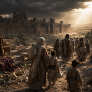 Weary Israelites finding refuge as proud Babylon is humbled in the background, reflecting mercy and judgment in Isaiah 14.