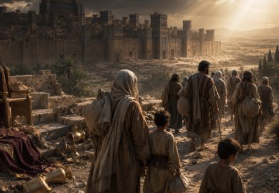 Weary Israelites finding refuge as proud Babylon is humbled in the background, reflecting mercy and judgment in Isaiah 14.